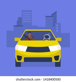 Self-driving car concept. Cute white robot driving a taxi. Young male character sitting on a passenger seat.