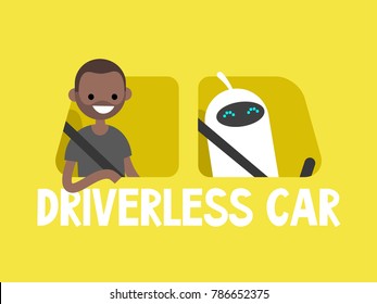 Self-driving car concept. Cute white robot driving a taxi. African american passenger sitting on a back seat. Flat editable vector illustration, clip art