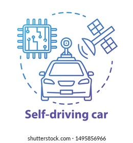 Self-driving car concept icon. Driverless, robotic automobile. Auto, microchip, satellite. Autonomous smart vehicle idea thin line illustration. Vector isolated outline drawing. Editable stroke