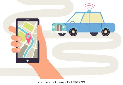 Self-driving car concept, phone with navigator. Vector illustration isolated on vhite.