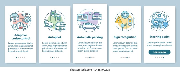 Self-driving car features onboarding mobile app page screen with linear concepts. Driverless vehicle walkthrough steps graphic instructions. UX, UI, GUI vector template with illustrations