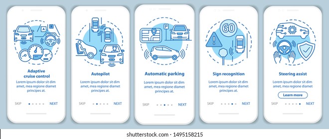 Self-driving car features onboarding mobile app page screen with linear concepts. Driverless vehicle walkthrough steps graphic instructions. UX, UI, GUI vector template with illustrations