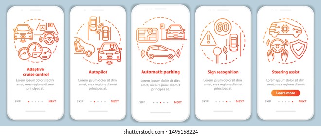 Self-driving car features onboarding mobile app page screen with linear concepts. Driverless vehicle walkthrough steps graphic instructions. UX, UI, GUI vector template with illustrations