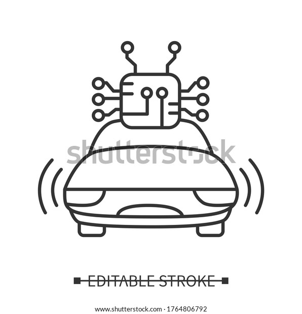 Self-driving car icon. Autonomous vehicle linear\
pictogram with data connection links and wireless interface.\
Concept of ai transport technology. Editable stroke vector\
illustration for web and logo\
