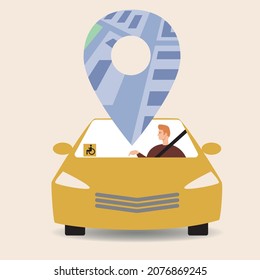 Selbstfahrendes Auto einzeln, Fahrer inklusive. Flache Vektorgrafik. Technologien für Behinderte. Auto auf der Karte. GPS-Autopilot. Einzelbild