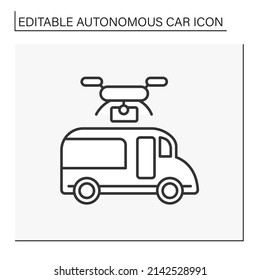 Self-driving car line icon. Autopilot car controlled by drones. Autonomous car concept. Isolated vector illustration. Editable stroke