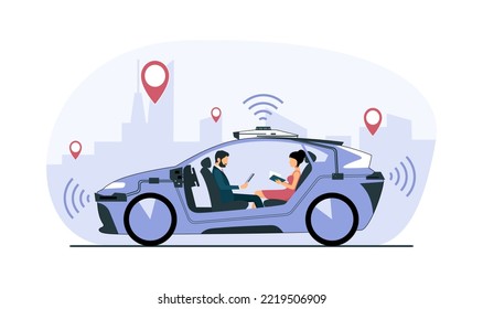 Self-driving car with a man and a woman rides around the city. Vector illustration.