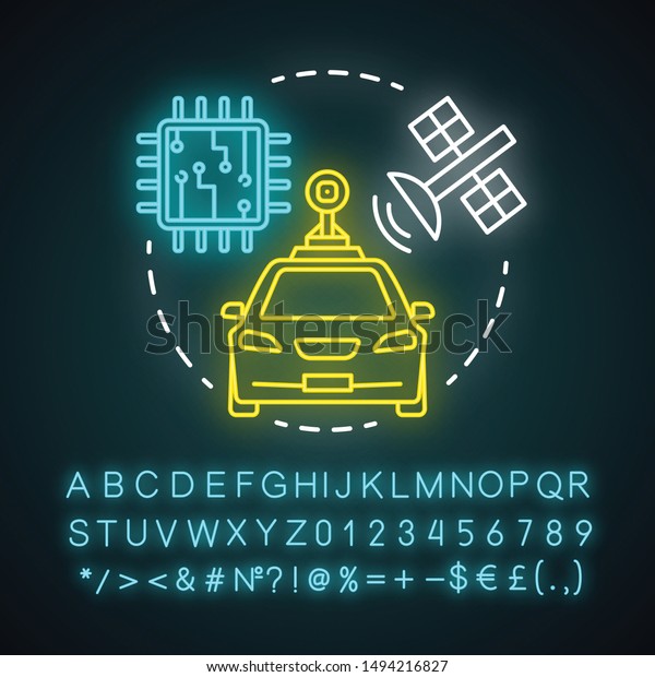 Self-driving car neon light concept icon.\
Driverless automobile. Auto, microchip, satellite. Autonomous\
vehicle idea. Glowing sign with alphabet, numbers and symbols.\
Vector isolated\
illustration
