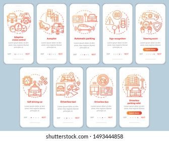 Self-driving car onboarding mobile app page screen set with linear concepts. Driverless car features, industry walkthrough steps graphic instructions. UX, UI, GUI vector template with illustrations