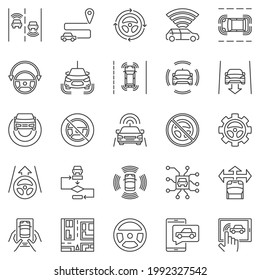 Iconos de contorno de auto-conducción establecidos. Símbolos del concepto de vehículo autónomo vectorial y de línea delgada del automóvil sin conductor. Elementos de diseño lineal de autopilot