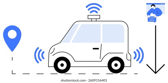 Self-driving car sending wireless signals with GPS pin and navigation directions. Ideal for technology transportation future innovation smart cities and artificial intelligence. Simple modern vector