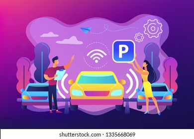 Auto-auto-conducido con sensores estacionados automáticamente en estacionamiento. Sistema de auto-estacionamiento, auto-estacionamiento, concepto de tecnología de estacionamiento inteligente. Ilustración aislada del vector violeta brillante brillante brillante brillante