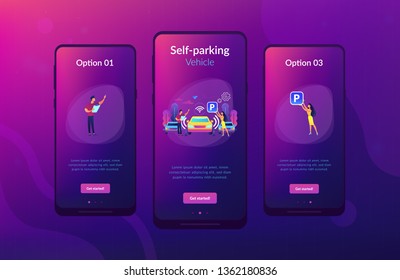 Self-driving car with sensors automatically parked in parking lot. Self-parking car system, self-parking vehicle, smart parking technology concept. Mobile UI UX GUI template, app interface wireframe