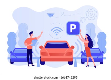 Self-driving car with sensors automatically parked in parking lot. Self-parking car system, self-parking vehicle, smart parking technology concept. Pinkish coral bluevector isolated illustration