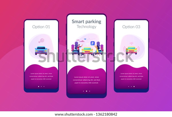 Self-driving car with sensors automatically
parked in parking lot. Self-parking car system, self-parking
vehicle, smart parking technology concept. Mobile UI UX GUI
template, app interface
wireframe