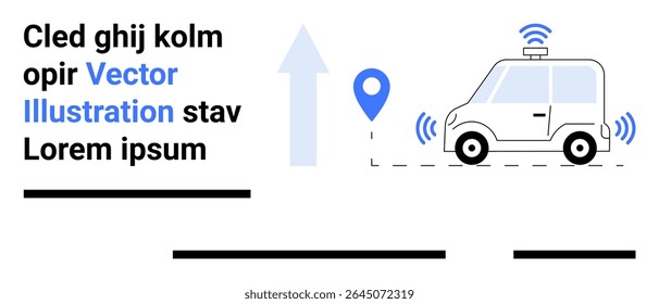 Carro autodirigível com sensores, marcador GPS e seta para cima simbolizando navegação e avanços tecnológicos. Ideal para tecnologia, transporte, cidades inteligentes, inovação, GPS, autonomia, mobilidade. Aterrissagem