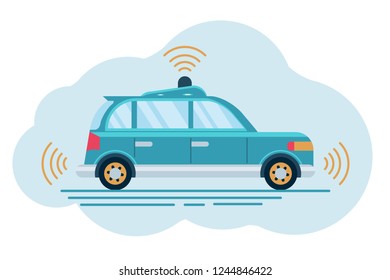 Self-driving car with a touch control system. Technologies of the future. Flat Vector Illustration
