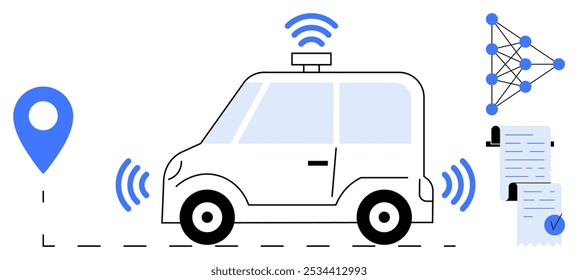 Ein selbstfahrendes Auto mit drahtlosen Signalen, Geolokalisierungsmarkierung, neuronalem Netzwerkdiagramm und Zwischenablage mit Dokumenten. Ideal für Technologie, KI, Transport, Innovation und intelligente Systeme. Modern