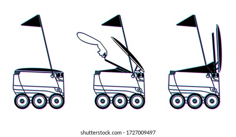 Self-driving delivery robot with top cover opened for pickup parcel. drawing with 3D stereo effect . stage of opening the lid and placing the package inside