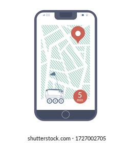 Selbstfahrender Lieferroboter mit Smartphone. Smartphone auf der rechten Seite mit Lieferapplikationen. 