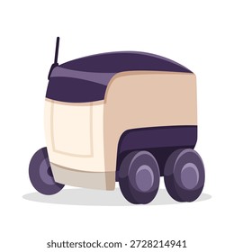 Robô de entrega autodirigível com rodas e antena no estilo dos desenhos animados no fundo branco. Conceito de logística inteligente futurista. Ilustração vetorial