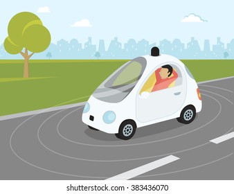 Self-driving intelligent driverless car goes through the city with happy passenger relaxing.