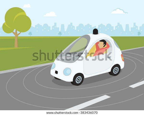 Self-driving intelligent driverless\
car goes through the city with happy passenger\
relaxing.