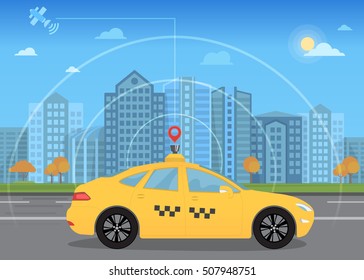 Self-driving intelligent driverless taxi car goes through the city using modern navigation gps technology adapted for navigation sensor and satellite