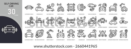 Self-driving related icon collections. Containing car, AI, sensor, road, map, steering, autopilot, GPS, mobility, and automation icons. Outline icons.