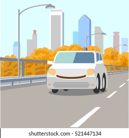 Self-driving smiling car on modern city background