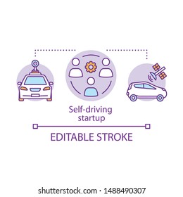 Self-driving startup concept icon. Making autonomous vehicles. Engineers, driverless vehicle. Smart cars development idea thin line illustration. Vector isolated outline drawing. Editable stroke