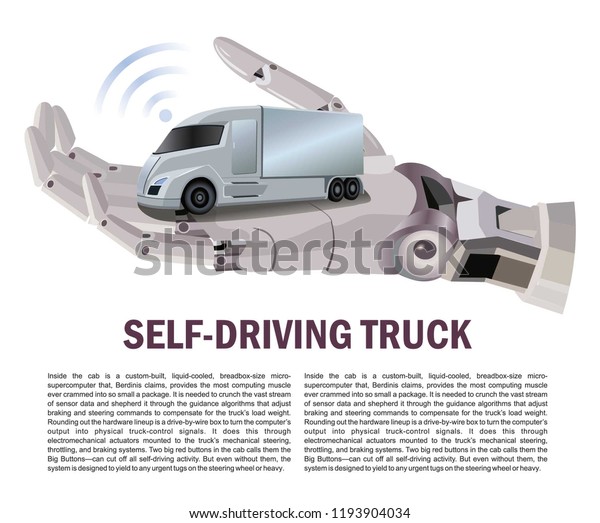 Self-driving truck. Autonomous truck. Unmanned\
vehicles. artificial intelligence controls the Autonomous truck.\
Future concept\
car.