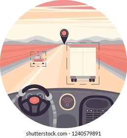 Self-driving truck in a circle. Drived by robot, vector illustration