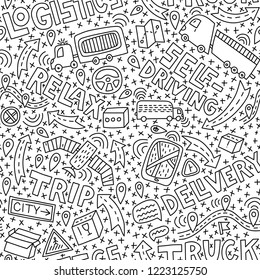 Self-driving truck doodle seamless pattern with lettering