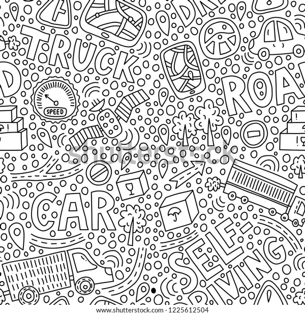 Self-driving\
truck doodle seamless pattern with\
lettering