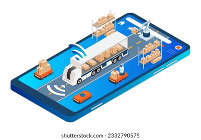 A self-driving truck with Robots loading cargo into truck with autopilot. Vector isometric illustration eps10