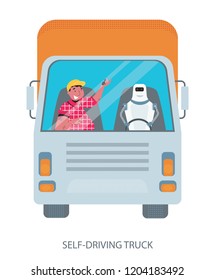 Self-driving truck, vector illustration, autonomous truck drived by robot