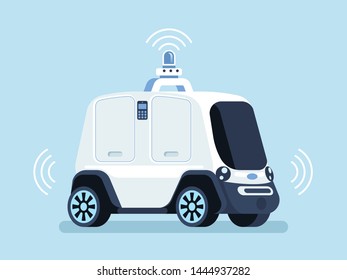 Self-driving vehicle to deliver pizza. Autonomous Ordering and delivering pizza. Robotic courier. Vector illustration