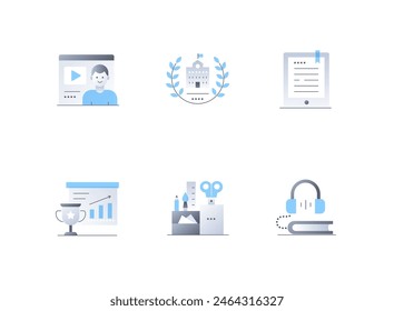 Self-education and courses - flat design style icons set. High quality colorful images of video lesson or lecture, school building, e-book, growth and reward, stationery, headphones, audio information