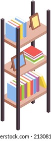 Self-education and studying concept. Books on shelves, stand in bookcase. Reading literature using textbook. Printed book, edition, publication with typographic text. Bookshelf vector illustration