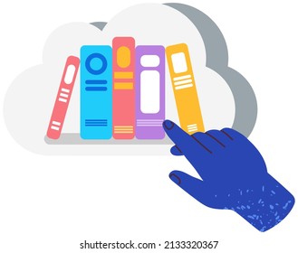 Self-education and studying concept. Books on shelves in speech bubble. Reading literature using textbook. Printed book, edition, publication with typographic text. Bookshelf icon vector illustration