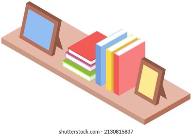 Self-education and studying concept. Books and pictures on shelves. Reading literature using textbook. Printed book, edition, publication. Bookshelf, interior element isolated on white background