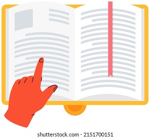 Self-education and studying concept. Hand points to book with paper pages and bookmark. Reading literature using textbook vector illustration. Printed book, edition, publication with typographic text