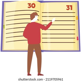 Self-education and studying concept. Man looking at book with paper pages and pagination. Reading literature using textbook. Printed book, edition, publication with typographic text and page numbers