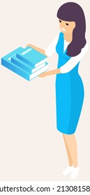 Self-education and studying concept. Reading literature using textbook. Printed book, edition, publication. Girl in business suit holding stack of books. Lady with library editions vector illustration