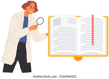 Self-education and studying concept. Woman with loupe looking at book with paper pages and bookmark. Reading scientific literature, textbook using magnifier. Printed book, science edition, publication