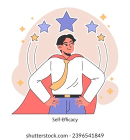 Self-Efficacy concept. Confident man with a cape stands tall. Increasing of business or professional competences and skills. Career qualification development. Flat vector illustration