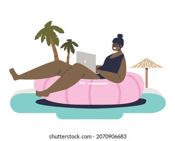 Niña independiente que trabaja por cuenta propia y trabaja a distancia en la piscina de la playa tropical. Ocupación independiente y concepto de negocios a distancia. Dibujo vectorial plano de dibujos animados