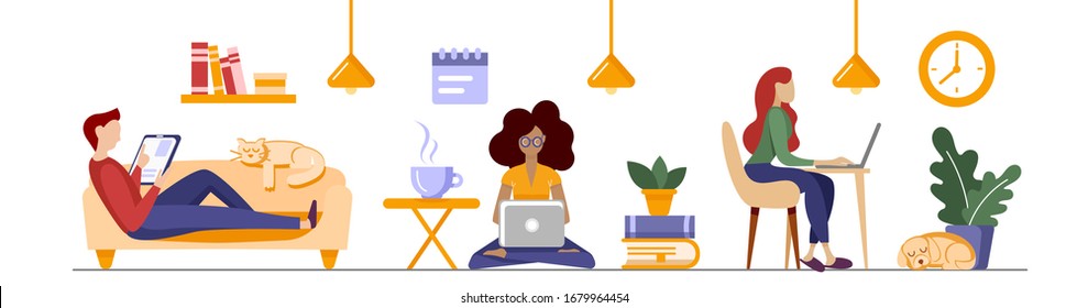 Self-employed male and female working freelance or studying at home in comfortable conditions. Young people, freelancers work on laptops. Online education. Vector illustration isolated on white