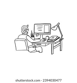 Self-employed man work in comfortable conditions. Home office, freelance work, teaching or studying at home. Freelancers working online on computer in a cozy atmosphere with books, plants and lamp. 